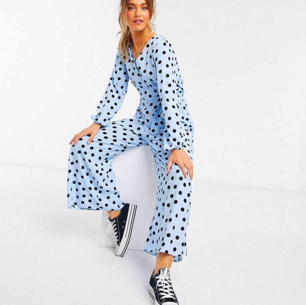 NEW ASOS size 10 blue polka dot wide leg wrap jumpsuit Spring